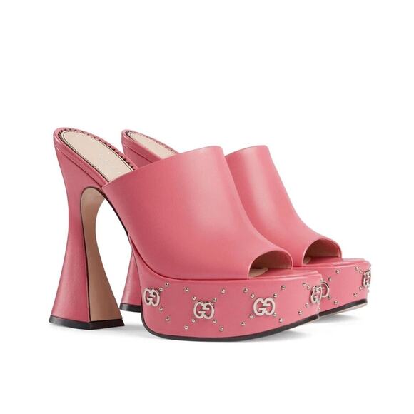 Gucci Janaya Studded GG 39.5/US 9 Platform Sandals Rhodamine Pink Spool Heel NIB - Picture 1 of 11